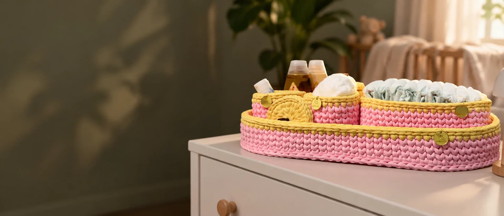 Kit higiene de fio de malha rosa e amarelo sobre a cômoda branca de um quarto de bebê, com fraldas, algodão e frascos nos cestos